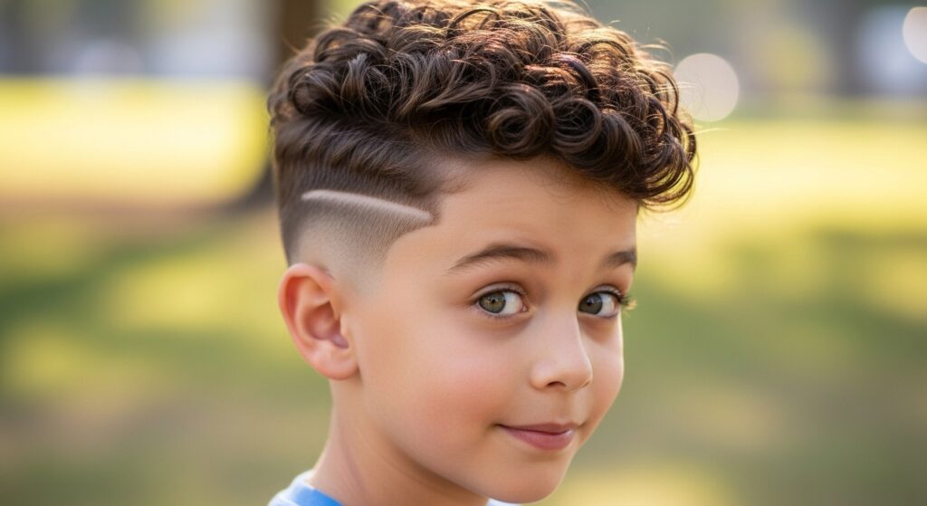: Boy with curly top fade haircut playing outside