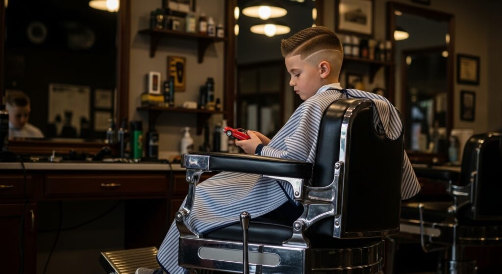 Little boy getting a kids fade haircut with low fade style