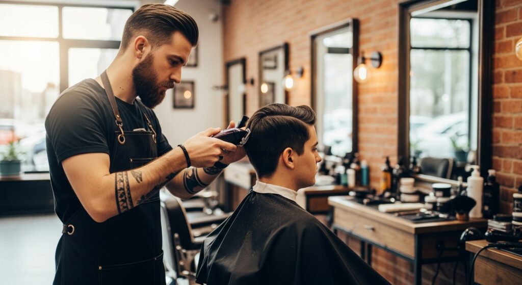 Barber giving a fade haircut for men with clippers.