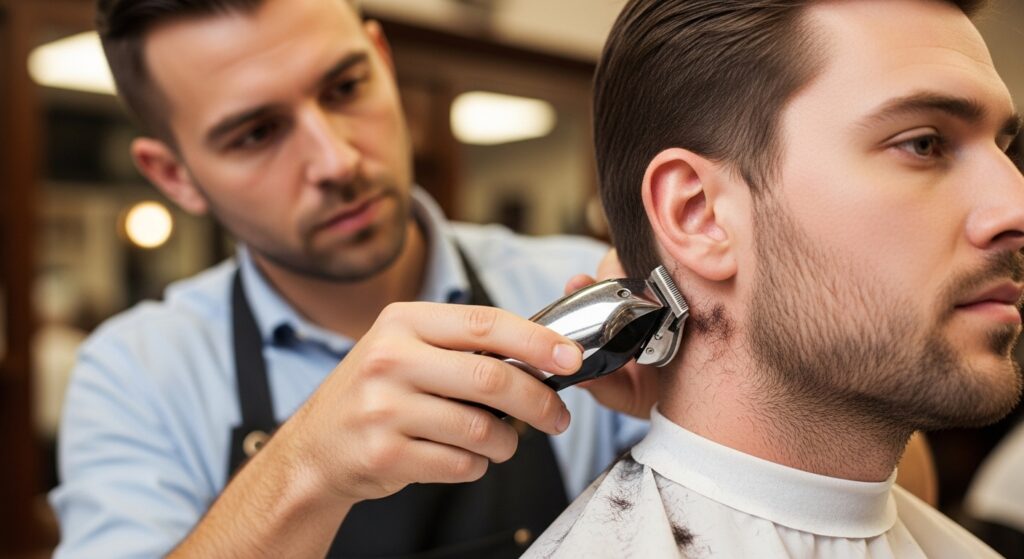 a barber using a corded beard trimmer on a man's jawline