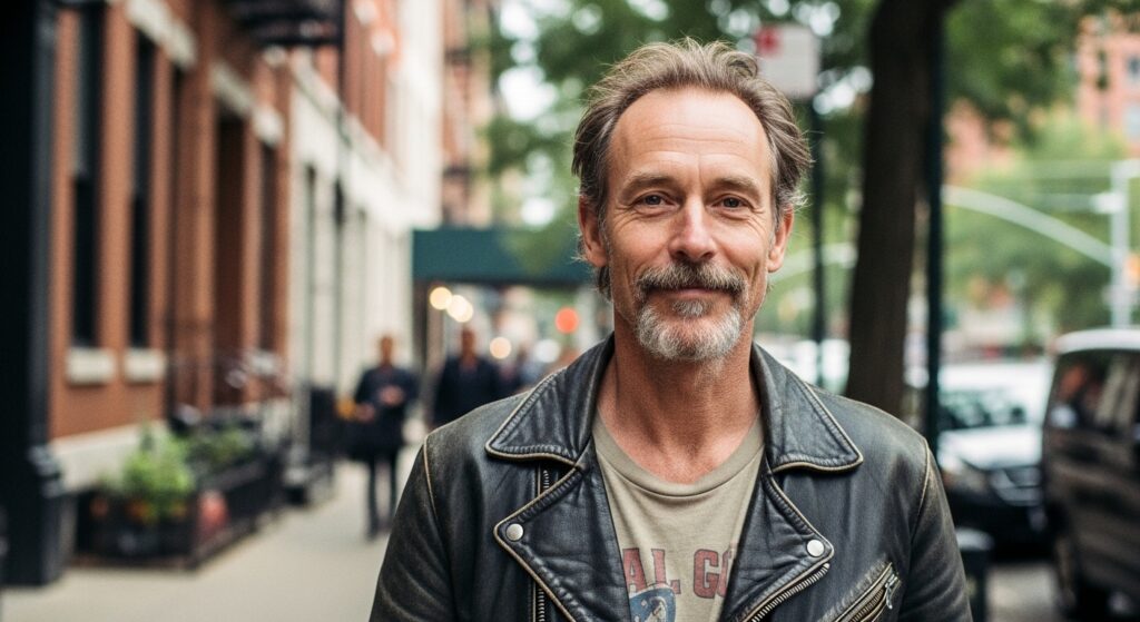 Man with messy Van Dyke beard and cheek stubble in casual streetwear, Johnny Depp-inspired