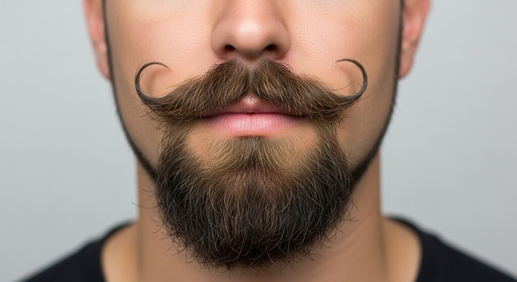 Close-up of a defined Van Dyke beard with clean cheeks, goatee, and styled mustache