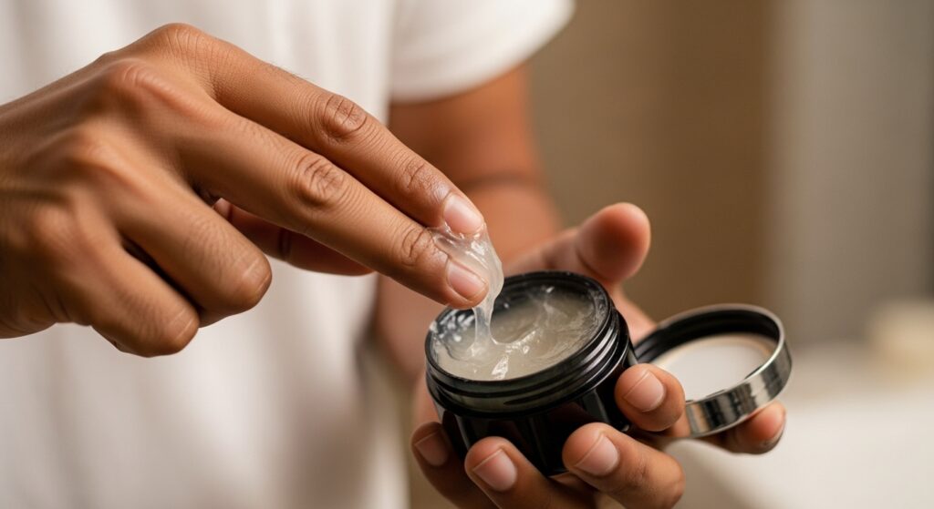 Medium hairstyle being styled with a matte wax product.