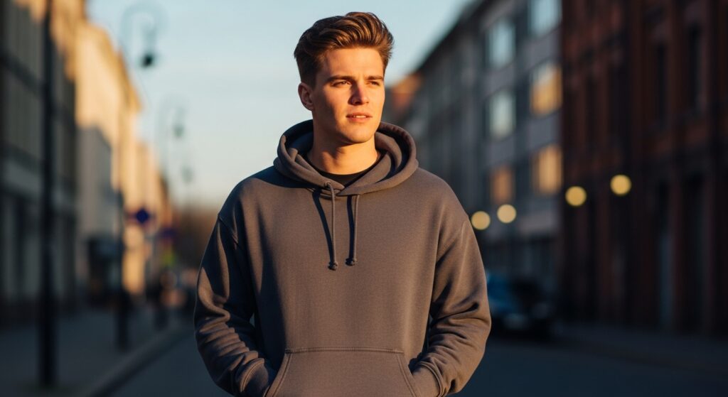 Man with textured middle part hairstyle in a casual outfit.
