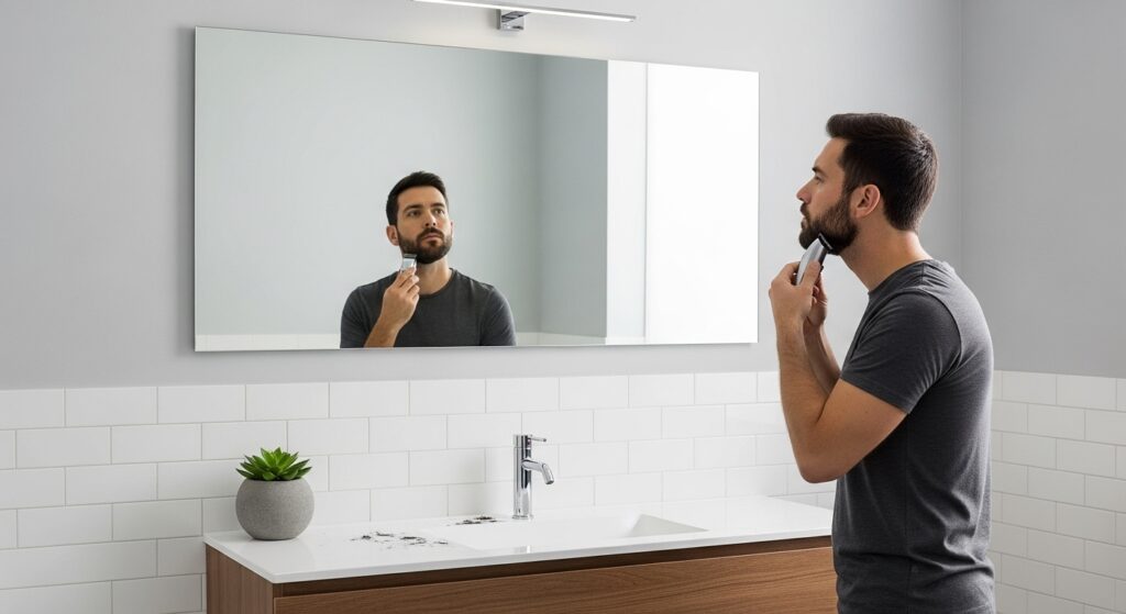 man using a cordless beard trimmer in a modern bathroom