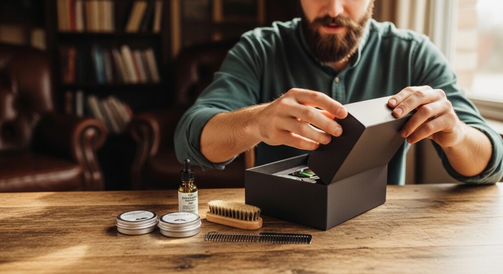 men's beard grooming kit including trimmer, guards, scissors, and brush
