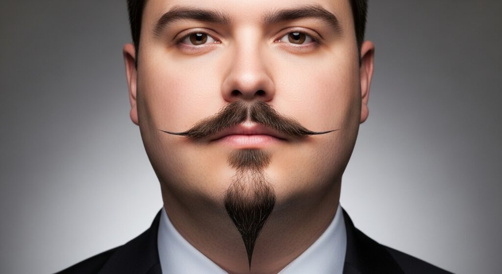 Van Dyke beard on a round face with pointed goatee and thin mustache to elongate facial shape