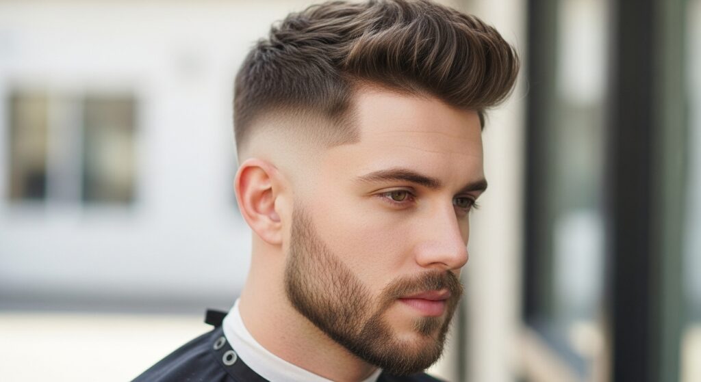 "Textured crop haircut with mid skin fade"