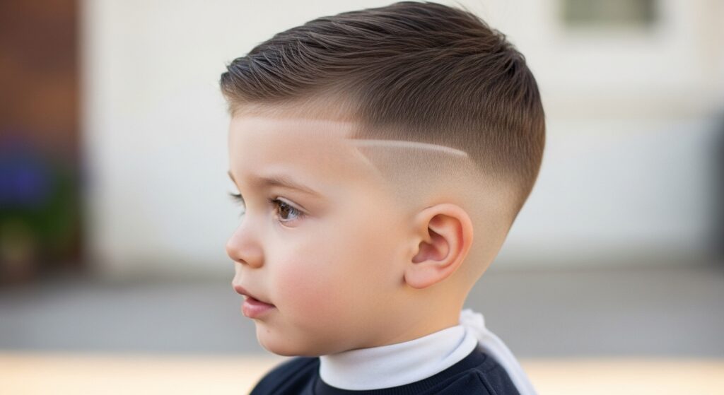 toddler boy fade haircut with short sides and clean low fade.