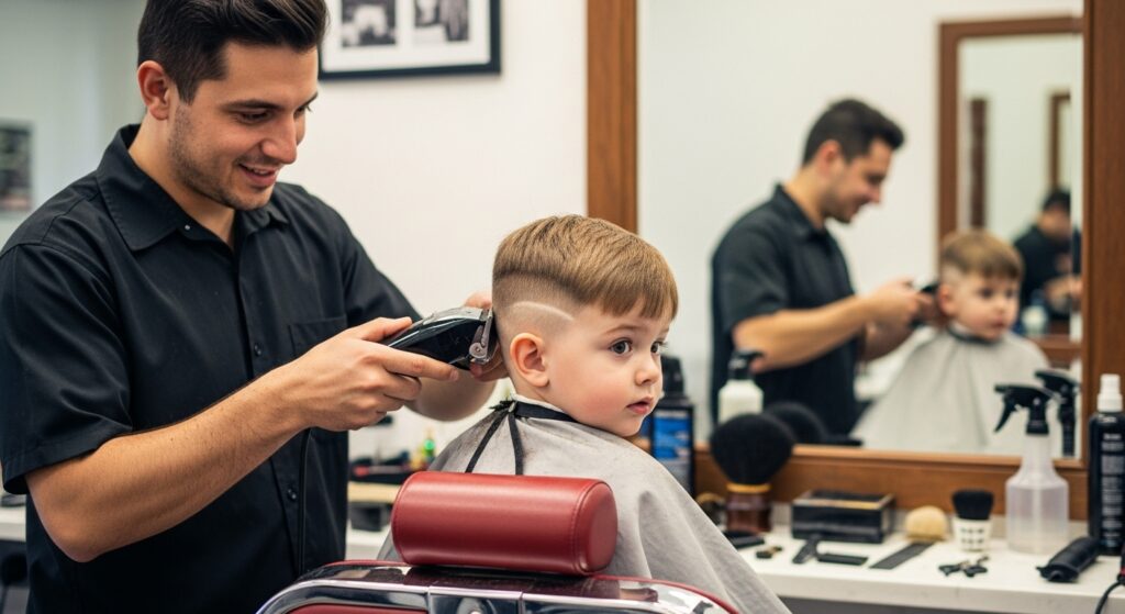 toddler boy buzz haircut with fade on the sides.