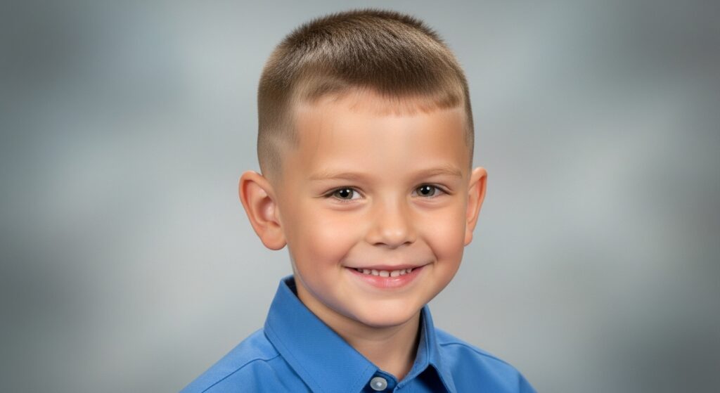 little boy fade crew cut hairstyle with sharp low fade.