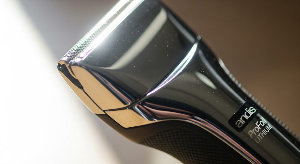 close‑up of Andis ProFoil shaving head, budget barber vibe”.