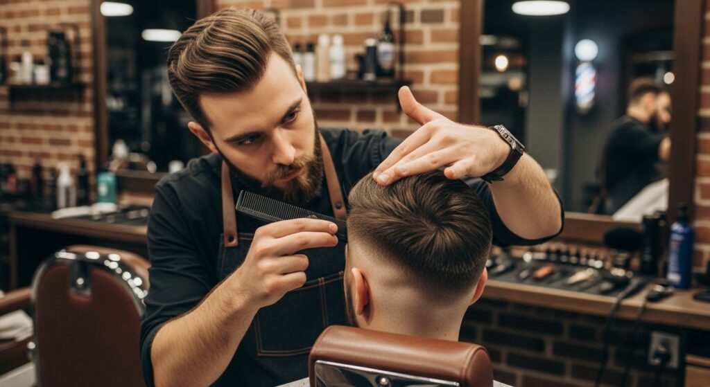 Barber checking fade blend under bright light"