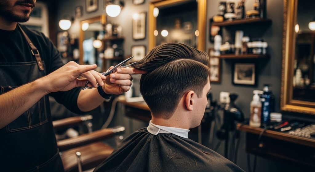Barber styling layered middle part haircut for male client.
