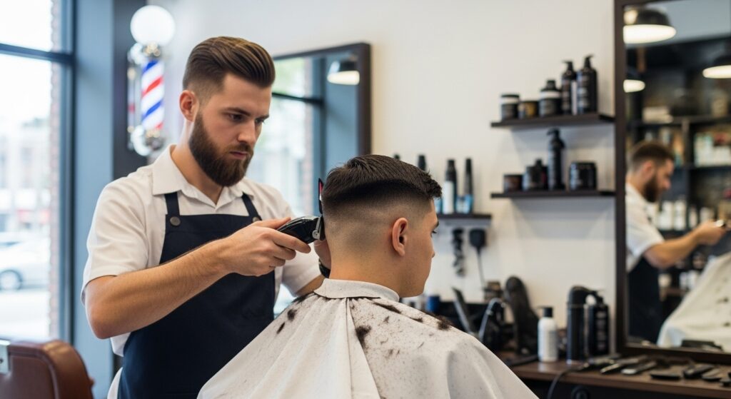 coiffeur homme réalisant un taper bas cheveux court