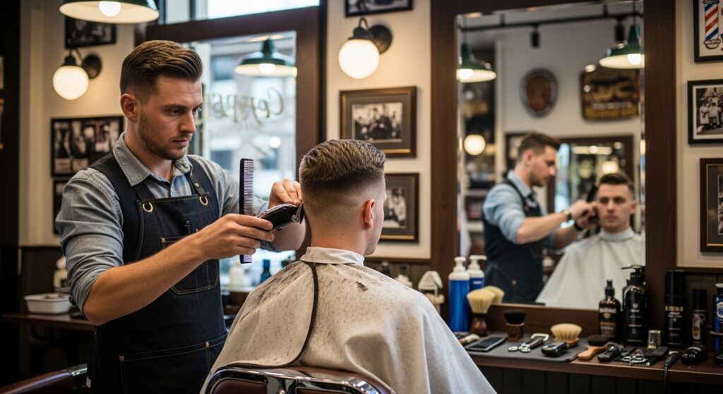 Man getting taper haircut in barber chair)
