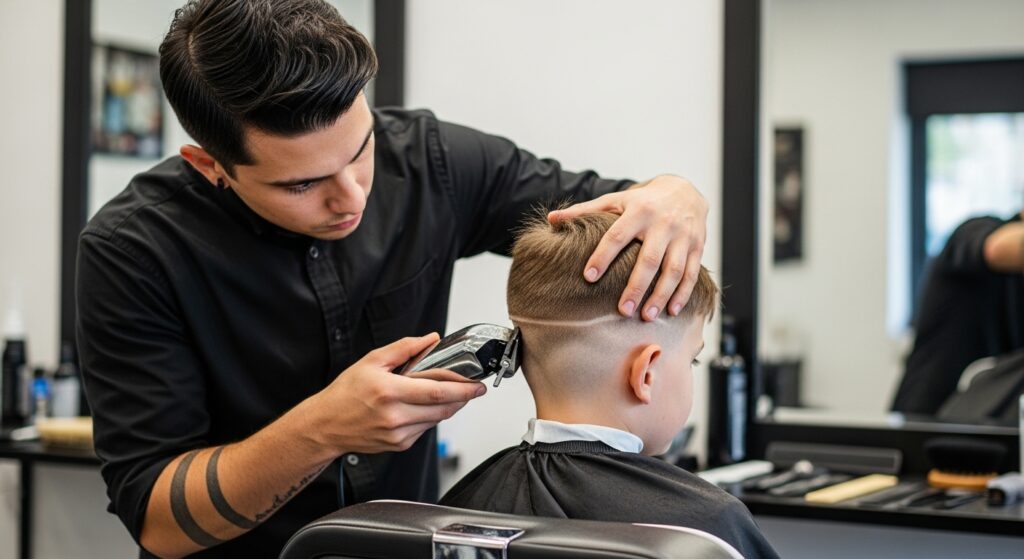  Barber giving boys skin fade haircut in shop