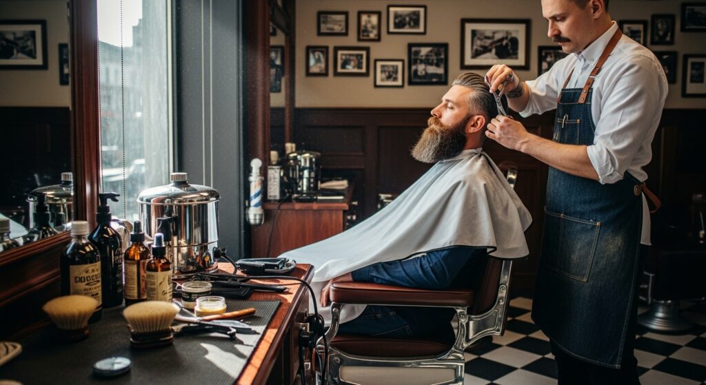 Professional barber trimming a man’s long beard