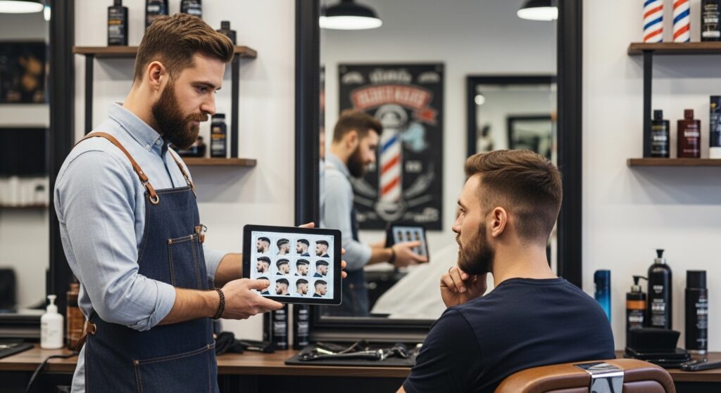Barber consulting male client on hairstyle options)
