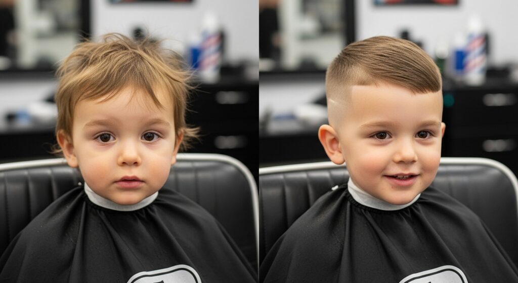 Toddler boy before and after getting a fade haircut