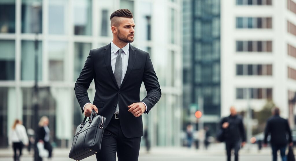 Man with comb over undercut style heading to work)