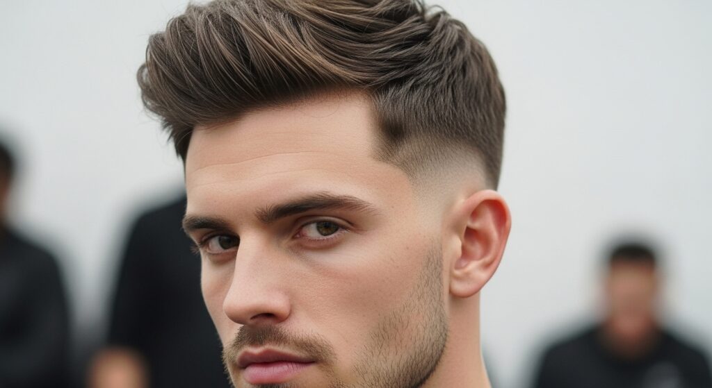 "Textured haircut with mid skin fade")