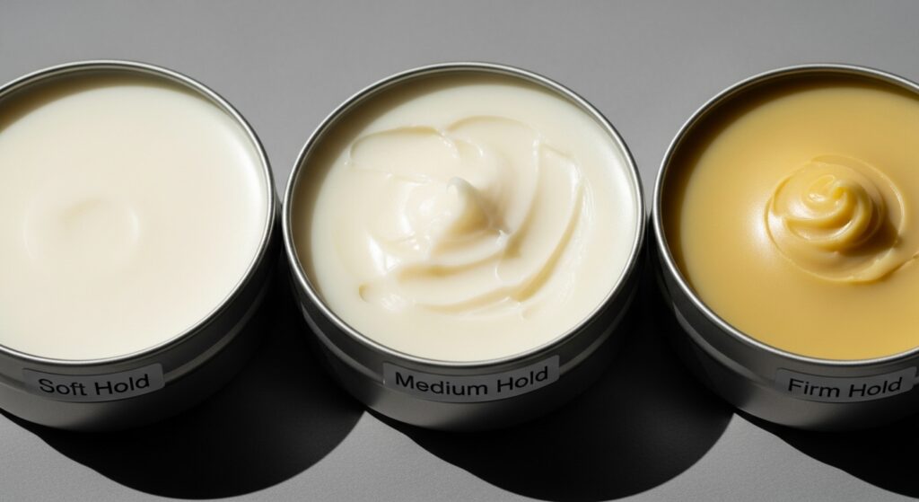 "The moulding material of the moustache comes in a variety of different textures such as soft, medium and firm represented by three tins side-by-side chemically."