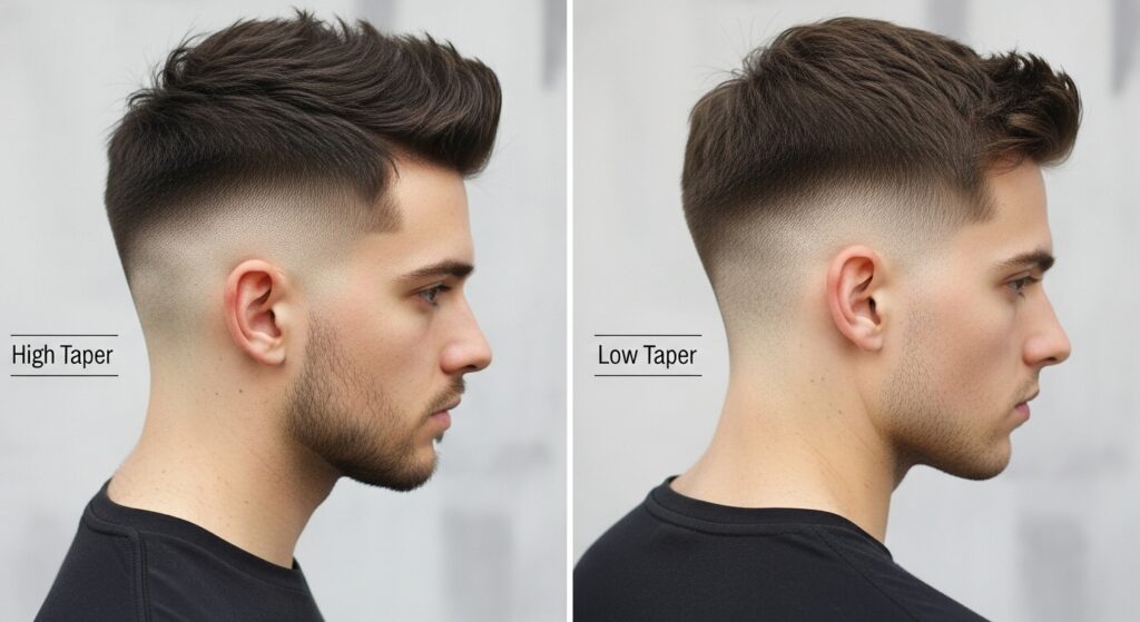 Comparison of the high and low taper for short men's hair.