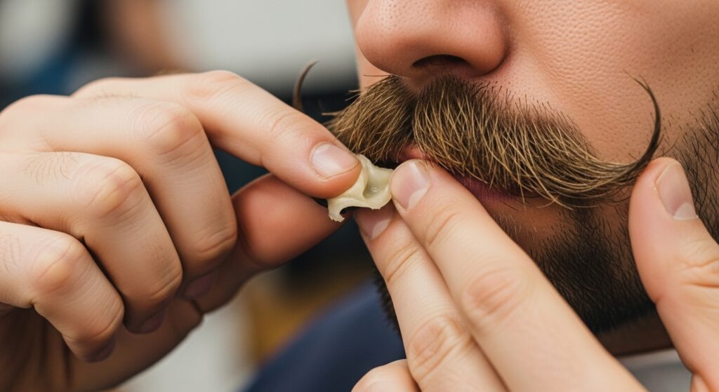  "Applying moustache wax from center towards tips."