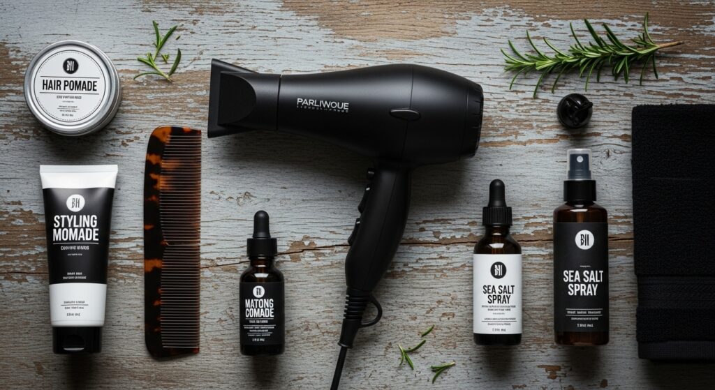 Grooming products for men’s middle part haircut on table.