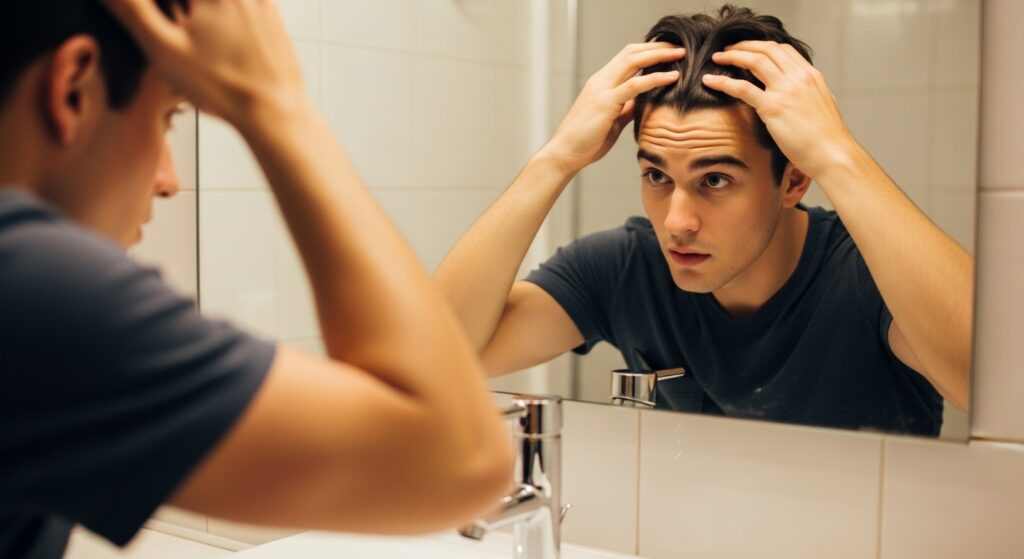 Man adjusting middle part hairstyle in mirror.