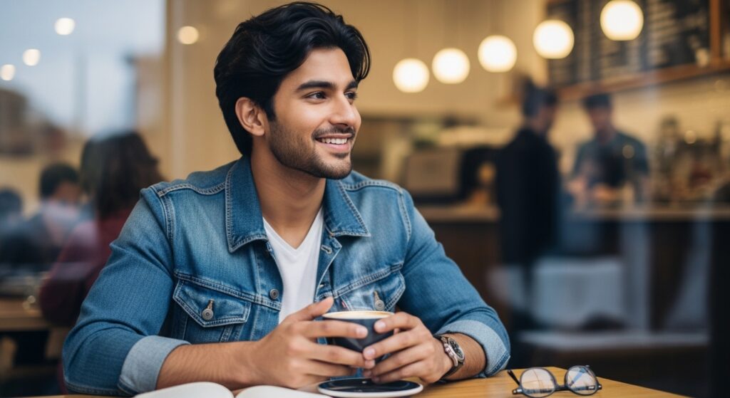 Indian man with medium-long hairstyle in relaxed café setting.
