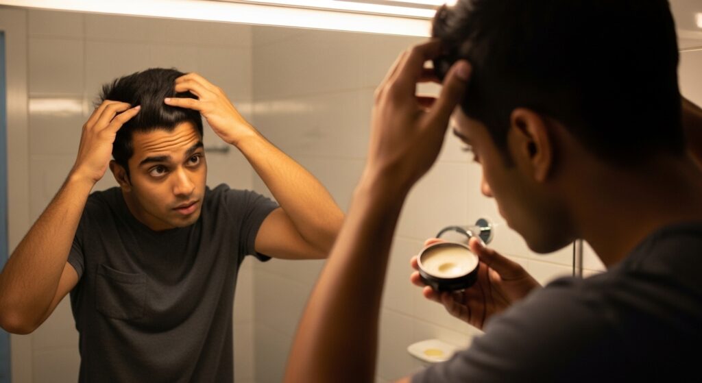 Medium length Indian hairstyle being styled casually at home.