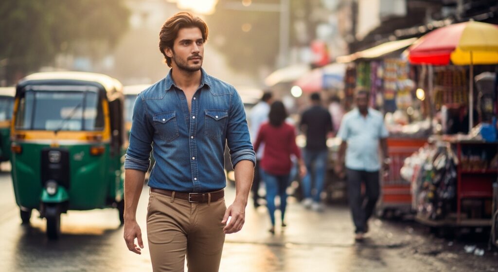 Stylish Indian man with medium-long hair and stubble beard.