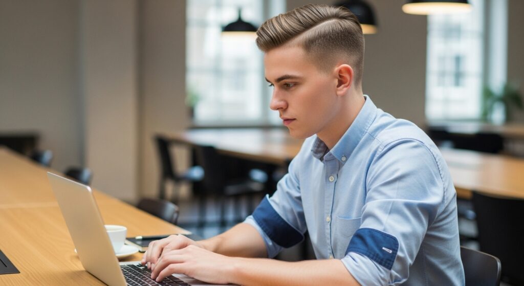 Man with Ivy League haircut working on laptop)