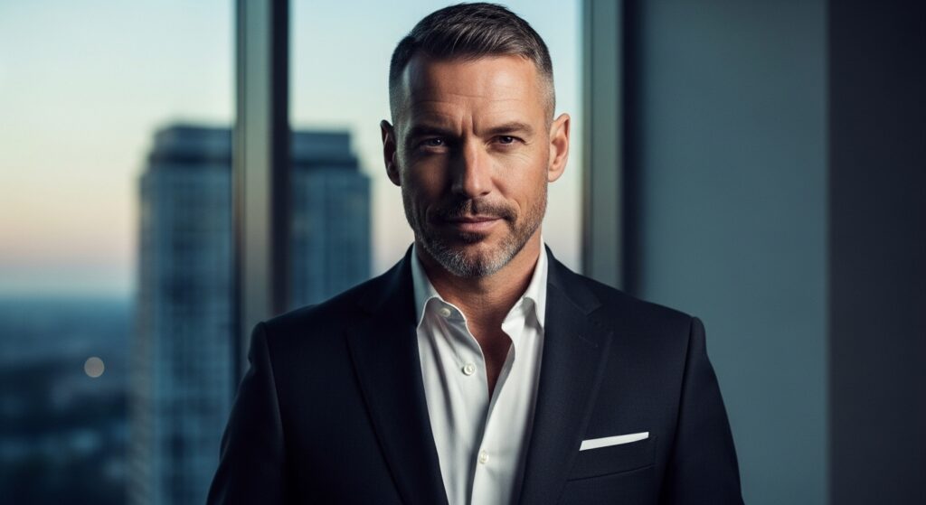 Man with crew cut hairstyle for office setting)