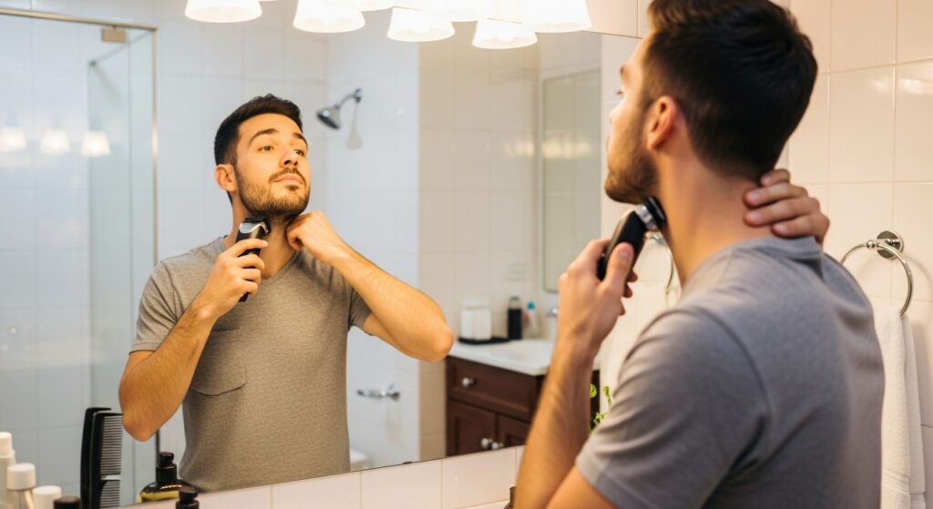 Male using trimmer to maintain low fade haircut.