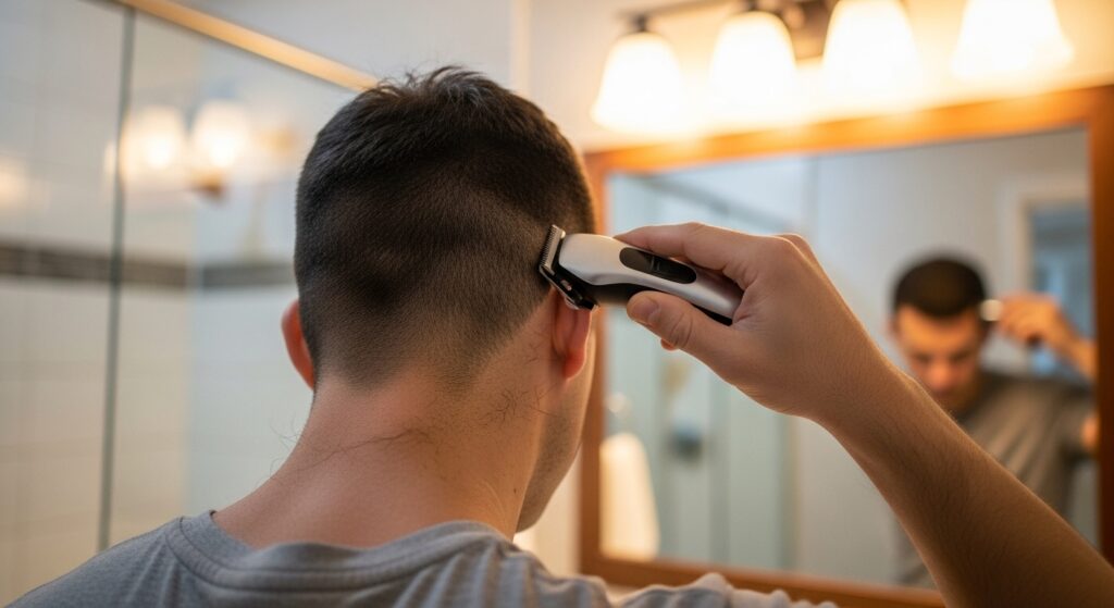 Man doing fade haircut touch-up at home"