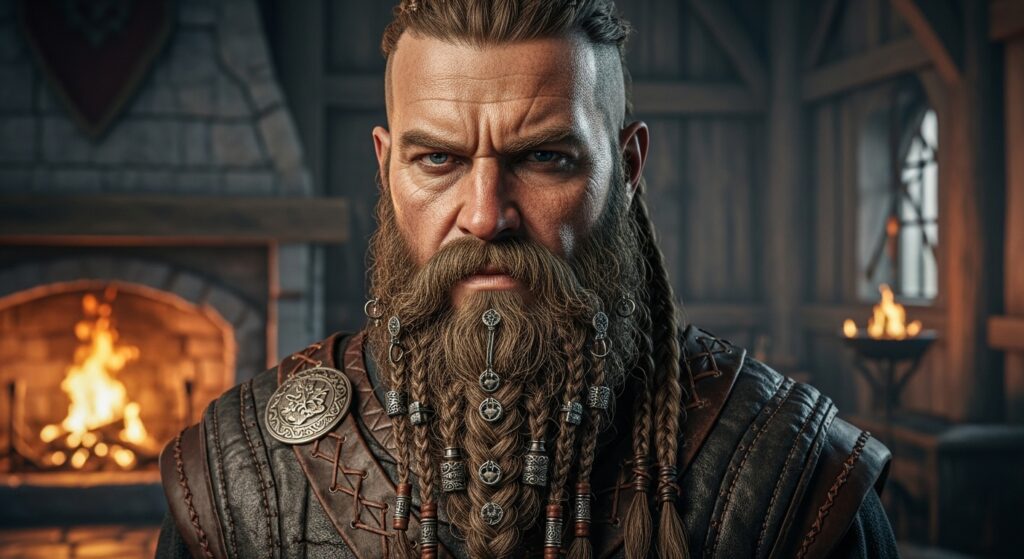 Viking long beard with decorative braids