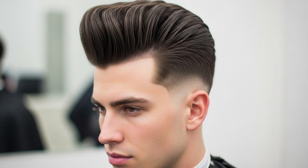 Pompadour hairstyle with mid fade haircut"
