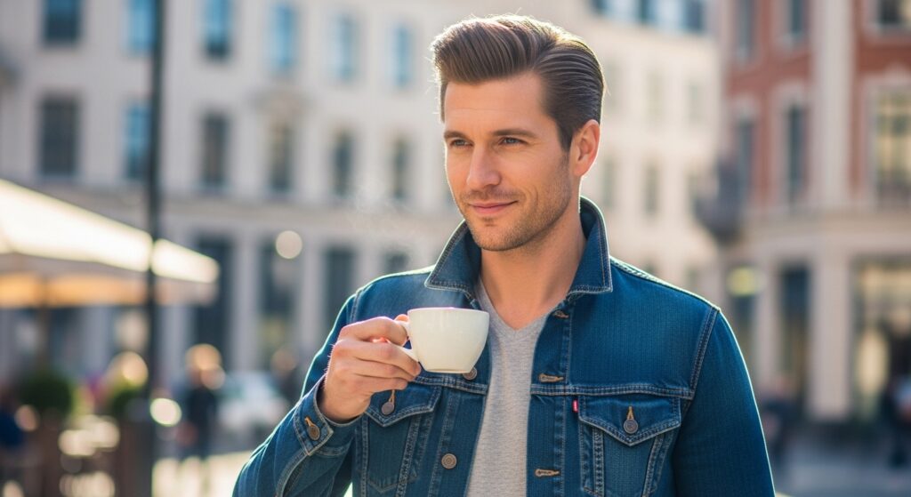 Casual office man with brushed back hairstyle)