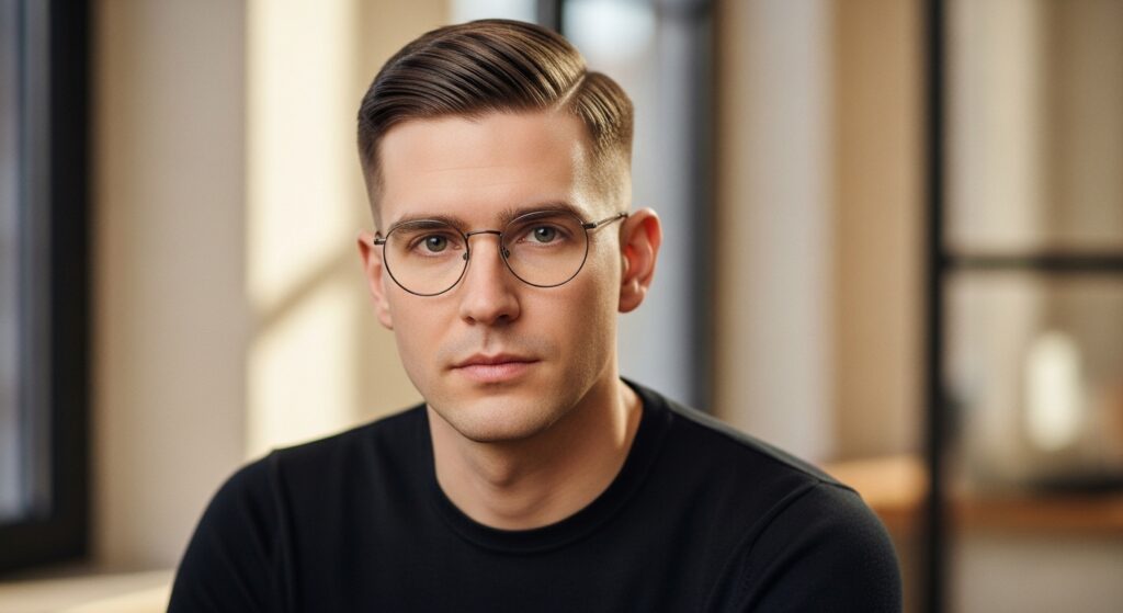 "Professional hairstyle with mid fade and glasses")