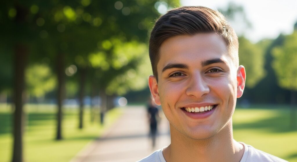 Man with mid fade haircut smiling outside