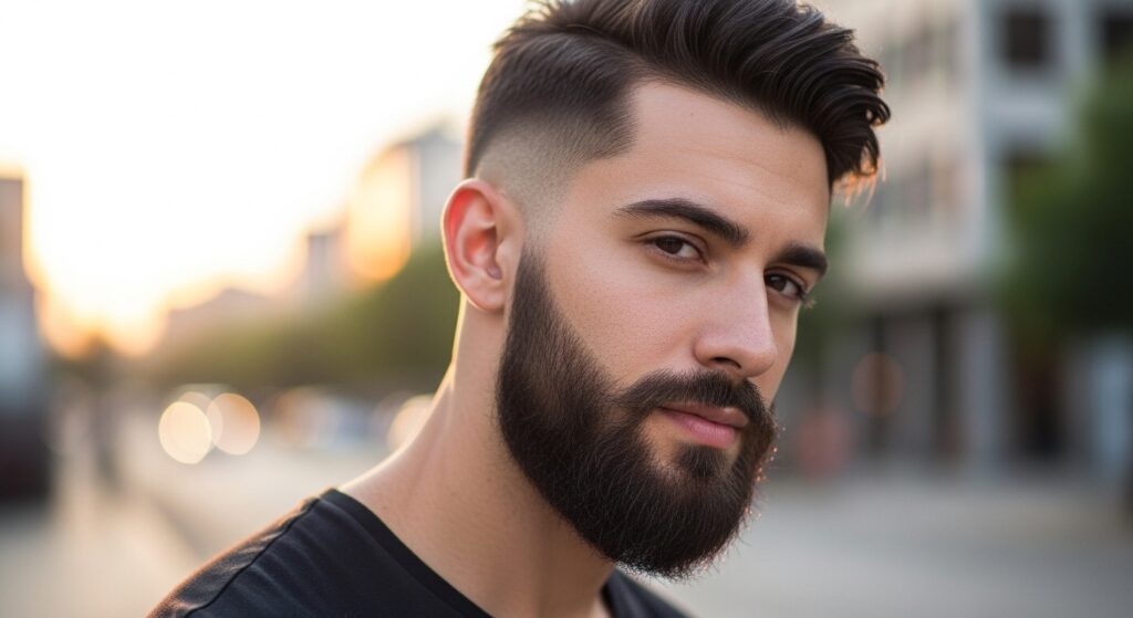 "Undercut fade haircut with full beard"