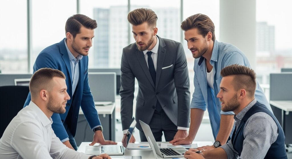 Men with different haircuts working in office)