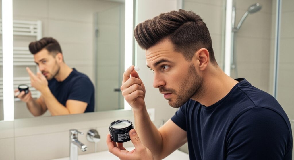  Person with mid fade haircut applying hair product to quiff.