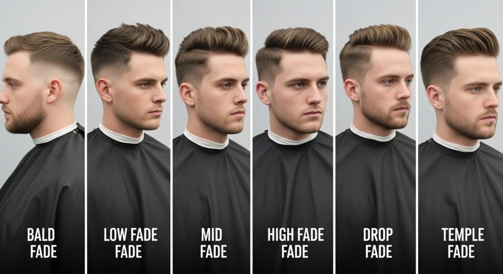 "Low fade, mid fade, and high fade haircut comparison"