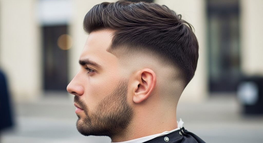 Side taper fade haircut close-up on male profile.