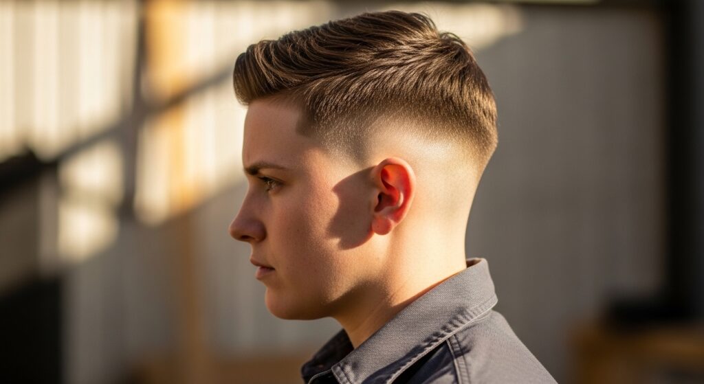 Professional man showing a mid fade hairstyle)
