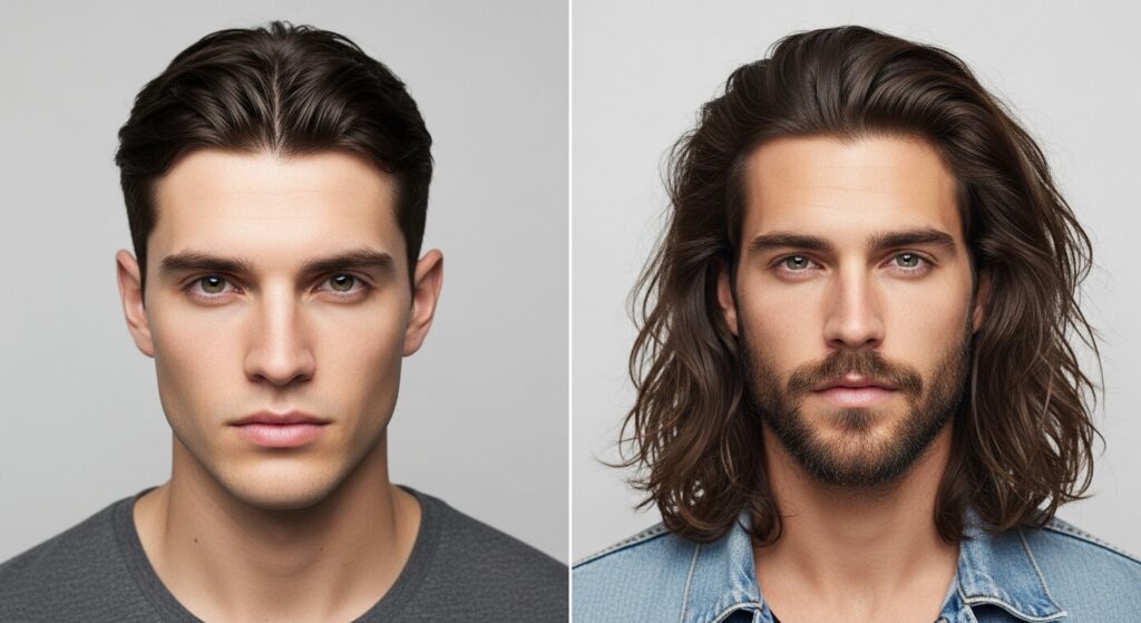 Comparison of short and long middle part hairstyle for men.